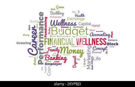 Background cloud del mondo del benessere finanziario. Consapevolezza dello stile di vita concetto di disegno di illustrazione del vettore. Illustrazione Vettoriale