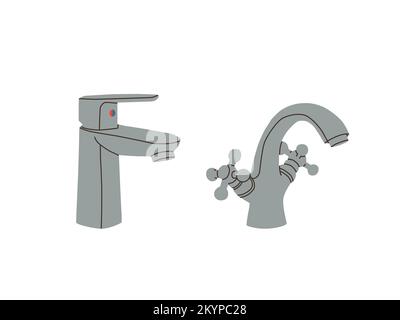 Miscelatore del rubinetto. Due diversi rubinetti per il bagno. Illustrazioni a isolamento vettoriale su sfondo bianco. Illustrazione Vettoriale
