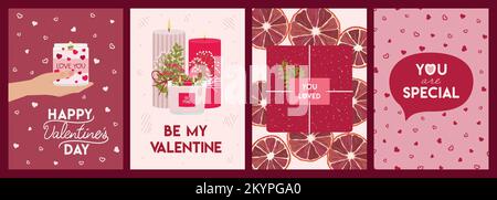 Set di biglietti d'auguri per San Valentino con candele, mani, confezioni regalo, verde e scritte desideri. Buon giorno di San Valentino poster, invito. Zero Illustrazione Vettoriale