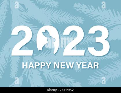 Elegante biglietto di auguri per il nuovo anno in minimalismo. Felice anno nuovo 2023 anno del segno zodiacale di coniglio. Colori blu e bianco. Illustrazione vettoriale. Illustrazione Vettoriale