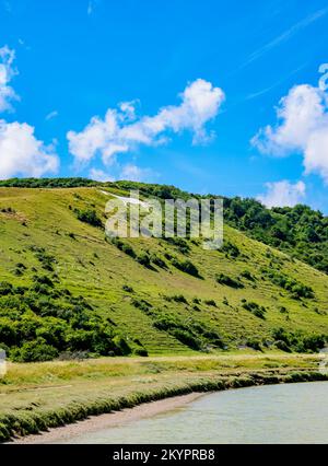 Cuckmere River e Litlington White Horse, Wealden District, East Sussex, Inghilterra, Regno Unito Foto Stock