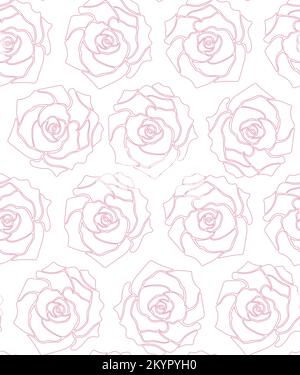 Rosa rose senza cuciture motivo. Contorno rosa su sfondo bianco. Illustrazione vettoriale monocromatica disegnata a mano. Illustrazione Vettoriale
