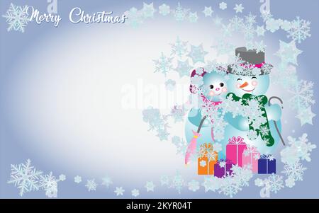 Biglietto d'auguri natalizio. Un paio di pupazzi di neve con regali di natale circondati da fiocchi di neve volanti Illustrazione Vettoriale