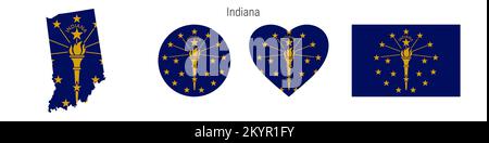 Icona della bandiera dell'Indiana impostata. Stato americano pennant in colori e proporzioni ufficiali. Rettangolare, a forma di mappa, circolare e a forma di cuore. Lust vettoriale piatto Illustrazione Vettoriale