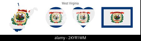 Icona della bandiera della Virginia occidentale impostata. Stato americano pennant in colori e proporzioni ufficiali. Rettangolare, a forma di mappa, circolare e a forma di cuore. Vettore piatto Illustrazione Vettoriale