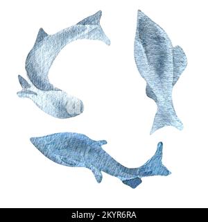 Sillhouettes salmone, illustrazione acquerello trota isolato su sfondo bianco. Nuoto pesce selvatico disegnato a mano. Elemento di design per confezione, etichetta, uomo Foto Stock