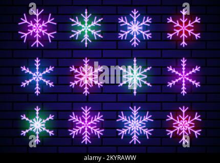 Set di fiocchi di neve al neon per la decorazione natalizia. Fiocchi di neve incandescenti al neon per le feste invernali. Raccolta di elementi o segni ofsjiny. Illustrazione Vettoriale