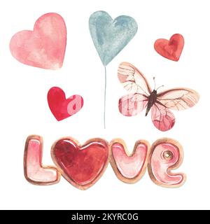 Congratulazioni cookie. Parola Amore. Dolci del cuore. Confezione regalo. Disegno acquerello. Isolare. Foto Stock