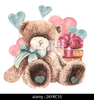 Grazioso orso sullo sfondo dei cuori e una scatola regalo. San Valentino. Illustrazione acquerello. Fare cartoline. Foto Stock