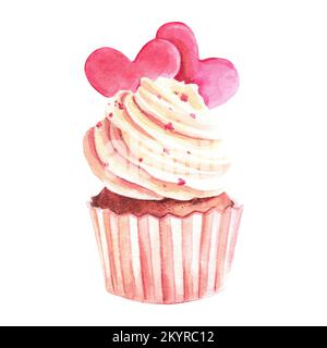 Tortini dolci con crema, decorati con cuori. San Valentino. Illustrazione acquerello. Progettazione di cartoline, tessuti. Foto Stock
