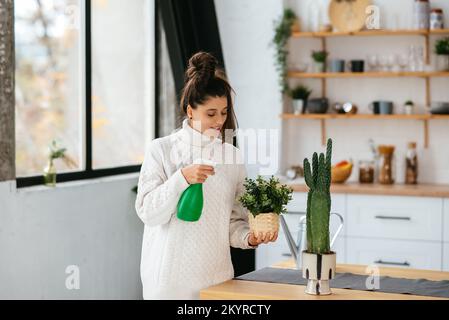 Donna spruzzando acqua su piante di casa in vasi di fiori da spruzzatore. Foto Stock