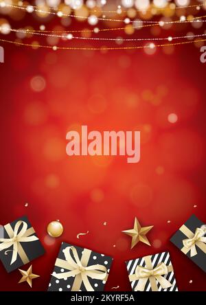 Palla di vetro di Natale e Giftbox sfondo rosso con spazio per il testo. Illustrazione Vettoriale