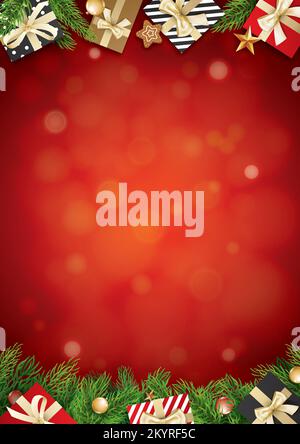 Palla di vetro di Natale e Giftbox sfondo rosso con spazio per il testo. Illustrazione Vettoriale