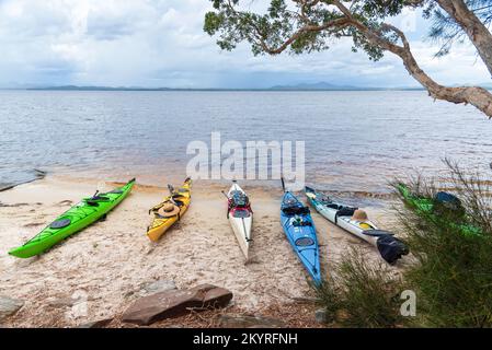 Kayak colorati riposati sulla sabbia a Myall Lakes, National Park, New South Wales, Australia. Foto Stock