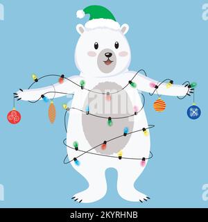 carattere di natale di orso bianco indossando in cappello verde e ghirland con i giocattoli di natale Illustrazione Vettoriale