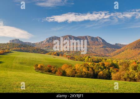 Vista del paesaggio autunnale con montagne rocciose sullo sfondo. La Riserva Naturale Nazionale di Vrsatec nei Monti Carpazi Bianchi, Slovacchia, Euro Foto Stock