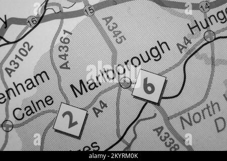 Marlborough, Regno Unito nome della città della mappa dell'atlante - bianco e nero Foto Stock