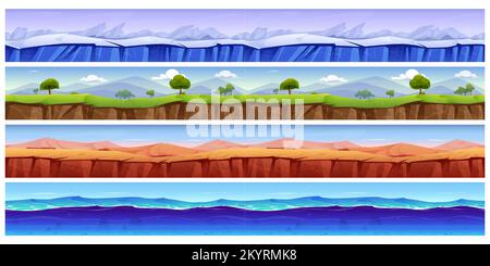 Set di cartoni animati di campi da gioco con texture di ghiaccio senza cuciture, acque profonde del mare, deserto vuoto, verde paesaggio naturale con montagne, alberi, erba e cielo blu. Illustrazione vettoriale delle piattaforme a livello gui Illustrazione Vettoriale