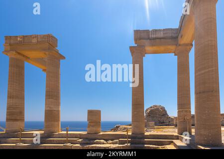 L'Acropoli di Lindos, architettura storica dell'isola di Rodi, Grecia, Europa. Foto Stock