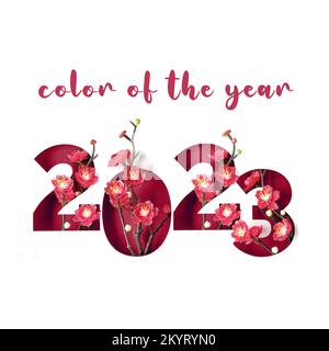 Felice anno cinese nuovo 2023 anno del ciclo lunare di coniglio. Numero contorni con fiori di prugna rosso su carta rosso scuro. Elemento di design composito con Foto Stock