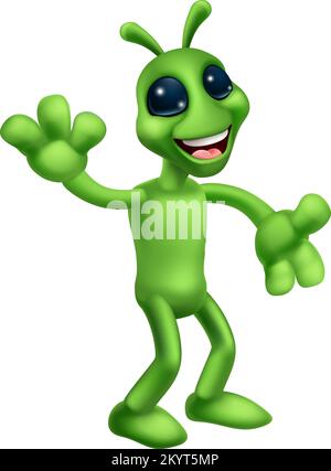 Alieno cute Little Green Man Martian Cartoon Mascot Illustrazione Vettoriale