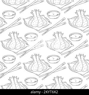 Cibo asiatico senza cuciture modello. Schizzo di tempura con salsa di soia. Sfondo piatto giapponese inciso a mano. Ripetere la stampa per tessuto, imballaggio, carta Illustrazione Vettoriale