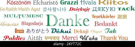 Grazie nelle lingue internazionali. Caratteri vettoriali. Parte posteriore bianca. Tedesco Danke e tutto il testo in diverse lingue sono significato grazie in inglese. Illustrazione Vettoriale