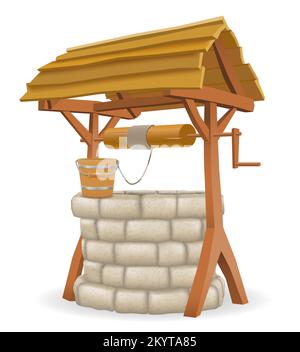 pozzo d'acqua di pietra con disegno vettoriale del tetto di legno isolato su fondo bianco Illustrazione Vettoriale