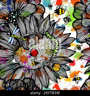 Modello vettoriale senza cuciture con api e fiori volanti di cartoni animati isolati su sfondo bianco. Girasoli e insetti. Blot colorati. Illustrazione vettoriale Illustrazione Vettoriale