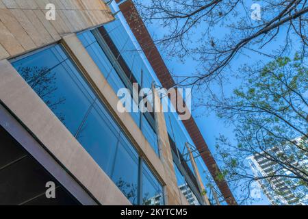 Austin, Texas - Vista ad angolo basso di un edificio con finestre riflettenti di vetro colorato. E' presente un edificio con cemento e grandi finestre dalle pareti sul lato opposto Foto Stock