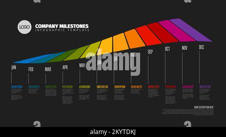 Modello di timeline dell'anno completo con tutti i mesi di colore arcobaleno su una linea temporale curva orizzontale come grandi strisce in una lunga fila, nomi di mesi e d breve Illustrazione Vettoriale