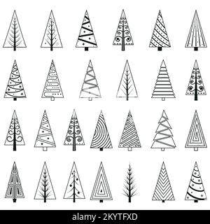Un insieme di alberi di Natale in stile doodle, contorno nero. Illustrazione del vettore isolato Illustrazione Vettoriale