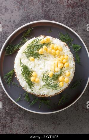 Tradizionale insalata russa Mimosa con verdure, uova e pesce in scatola primo piano sul piatto sul tavolo. Vista verticale dall'alto Foto Stock