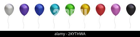 3d set di palloncini luminosi in elio lucido colorato isolato su sfondo trasparente. Vector realistico oro, argento, bianco, oro colorato e nero Illustrazione Vettoriale
