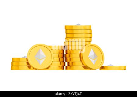 3d pila di criptovalute etereo di monete d'oro, denaro realistico. Illustrazione vettoriale. Attività finanziarie e pagamenti elettronici, crescita del reddito dovuto Illustrazione Vettoriale