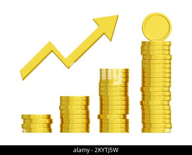 Pile di denaro con freccia di crescita verso l'alto. 3D rendering di elementi grafici realistici. Illustrazione vettoriale Illustrazione Vettoriale