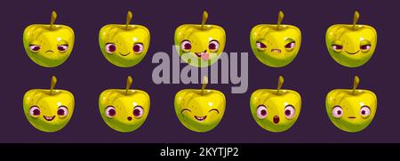Cartoon verde mela carattere con emozioni diverse sul viso. Set di frutta divertente con grandi occhi e bocca felice, sorridente, triste, arrabbiato, spaventato, sorpresa Illustrazione Vettoriale