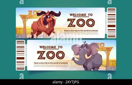 Biglietti per lo zoo con animali selvatici africani, bufali ed elefanti. Pass coupon, invito al parco safari nazionale all'aperto, ammissione di una tessera con codice a barre AN Illustrazione Vettoriale