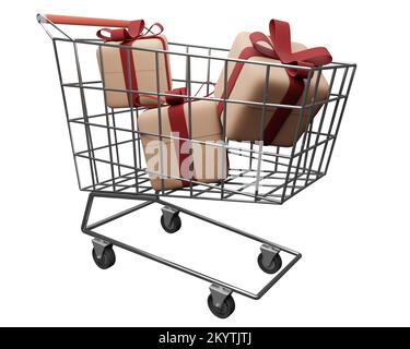 Carrello pieno di regali avvolti in sfondo isolato, rendering 3D. Design mockup di un cesto ruota supermercato con regali, concetto di ho Foto Stock