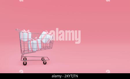 Carrello pieno di regali avvolti su sfondo rosa, rendering 3D. Design mockup di un cesto ruota supermercato con regali, concetto di holida Foto Stock