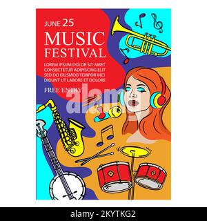 MUSIC JAZZ FESTIVAL verticale Banner Poster Concert con Singer Trumpet Saxophone microfono e batteria invito testo su Abstract background Vector il Illustrazione Vettoriale