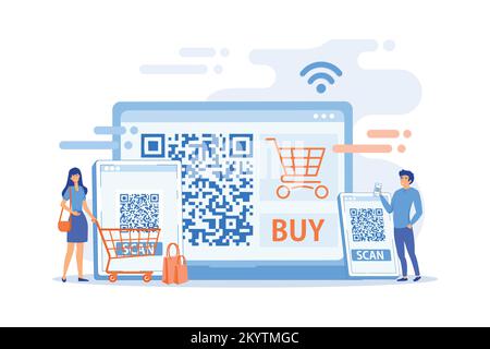 Applicazione per la lettura di codici a barre, applicazione per la transazione di epayment del lettore qrcode. Scanner di codici QR, generatore QR online, concetto di pagamento del codice QR. piatto vettore moderno Illustrazione Vettoriale