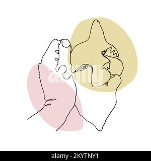 La mano umana sta disegnando una singola linea di gatto con forme colorate astratte Illustrazione Vettoriale