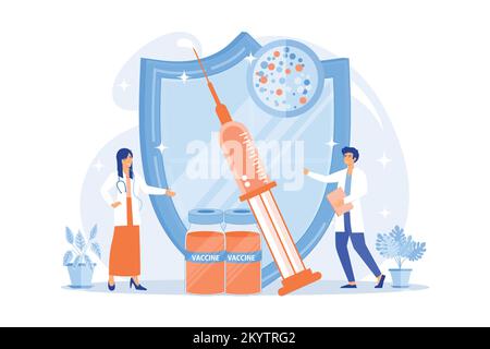 Piccoli medici e siringa con vaccino, scudo. Programma di vaccinazione, vaccino di immunizzazione di malattia, concetto di protezione sanitaria medica. vecto piatto Illustrazione Vettoriale