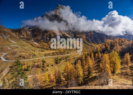 Pallido di San Martino tra le nuvole nel vestito autunnale (Dolomiti, Italia) Foto Stock
