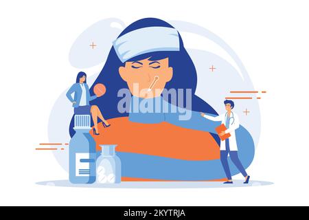 Donna malata con sintomi influenzali e freddi e medici, persone piccole. Influenza stagionale, malattie respiratorie contagiose, virus influenzali concetto di trattamento. fla Illustrazione Vettoriale