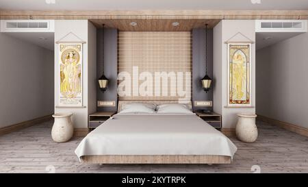 Camera resort 3D render. Visualizzazione del design degli interni delle camere da letto in stile tropicale e minimalista. Foto Stock