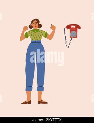 Donna in attesa della telefonata, telefono in stile retrò. Illustrazione vettoriale Illustrazione Vettoriale