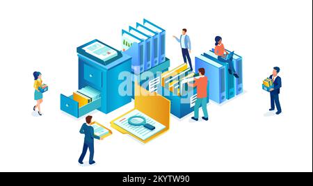 Vettore isometrico dei dipendenti dell'ufficio che gestiscono documenti cartacei, cartelle di file e archiviazione dei dati Illustrazione Vettoriale