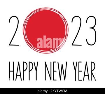 Lineart Happy New Year 2023 con scritta circolare rossa Illustrazione Vettoriale